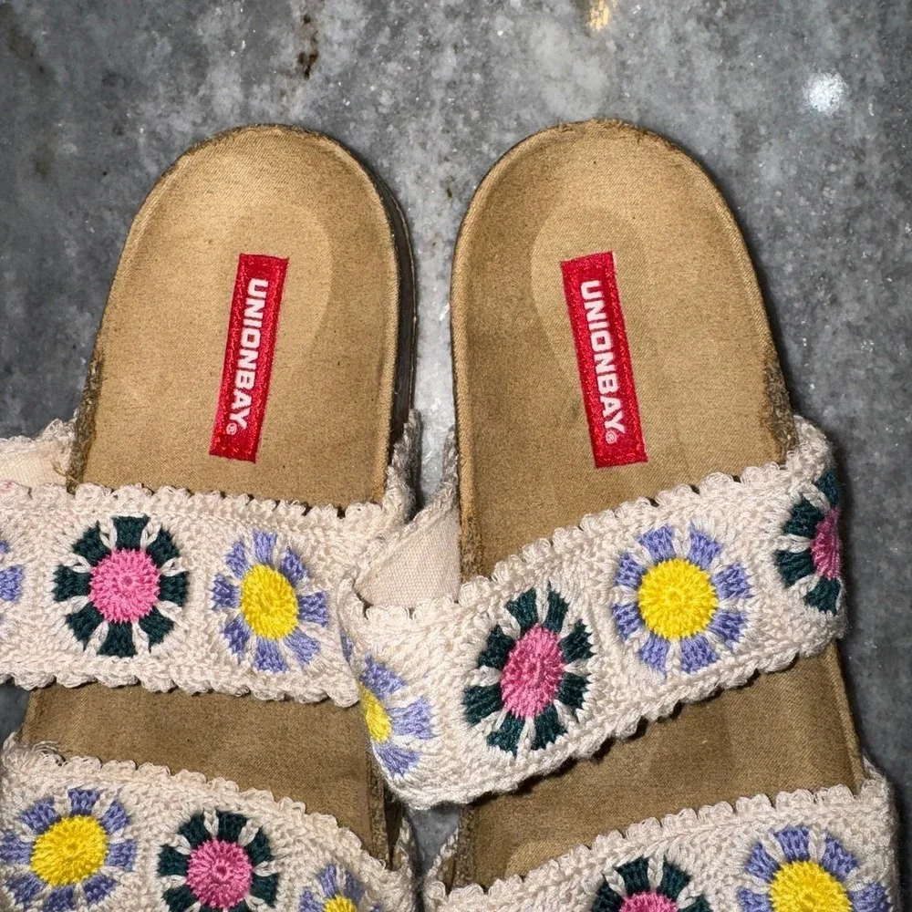 UnionBay Monica Sandal Slides 6.5 Women's Crochet Double Strap Slides Beach Boho